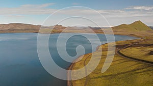 Aerial view of Frostastadhavatn lake. Landmannalaugar, Fjallabak Nature Reserve in the Highlands of Iceland