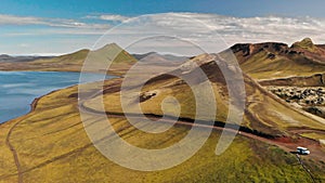 Aerial view of Frostastadhavatn lake. Landmannalaugar, Fjallabak Nature Reserve in the Highlands of Iceland