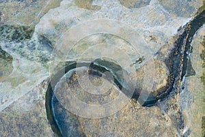 Aerial view of the frozen colourful lake melting because of the global warming