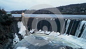 Aerial view of the frozen dam on the river in Taylors Falls, Minnesota