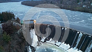 Aerial view of the frozen dam on the river in Taylors Falls, Minnesota