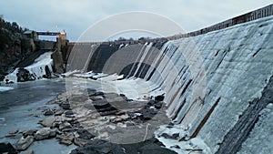 Aerial view of the frozen dam on the river in Taylors Falls, Minnesota