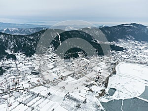 Aerial view of Frozen Golcuk lake at Odemis Izmir in winter season