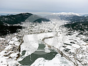 Aerial view of Frozen Golcuk lake at Odemis Izmir in winter season