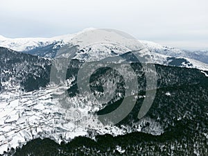 Aerial view of Frozen Golcuk lake at Odemis Izmir in winter season