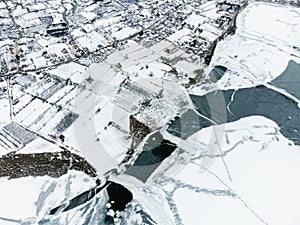 Aerial view of Frozen Golcuk lake at Odemis Izmir in winter season