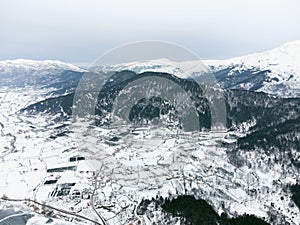 Aerial view of Frozen Golcuk lake at Odemis Izmir in winter season