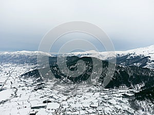 Aerial view of Frozen Golcuk lake at Odemis Izmir in winter season