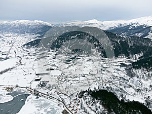 Aerial view of Frozen Golcuk lake at Odemis Izmir in winter season