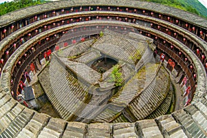 Aerial view of fujian tulou hakka roundhouse.