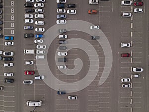 Aerial view full cars at large outdoor parking lots. Outlet mall parking congestion and crowded parking lot, other cars
