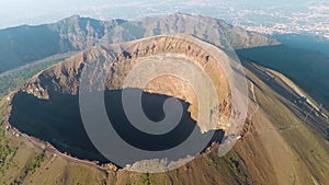 Aerial view, Full crater of the volcano Vesuvius, Italy, Naples, Epic volcano footage from height