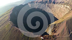 Aerial view, Full crater of the volcano Vesuvius, Italy, Naples, Epic volcano footage from height