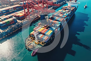 Aerial view of fully loaded container ship against the background of a cargo terminal in a seaport, port cranes, stacks