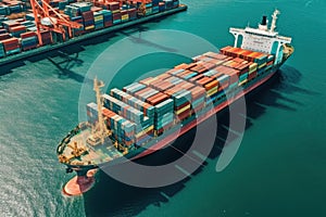 Aerial view of fully loaded container ship against the background of a cargo terminal in a seaport, port cranes, stacks