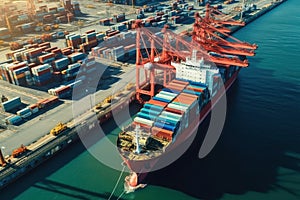 Aerial view of fully loaded container ship against the background of a cargo terminal in a seaport, port cranes, stacks