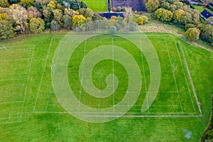 Aerial view of a fully marked Rugby Union pitch surrounded by trees in Autumn colours Ebbw Vale, Wales