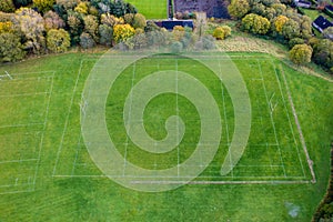 Aerial view of a fully marked Rugby Union pitch surrounded by trees in Autumn colours Ebbw Vale, Wales