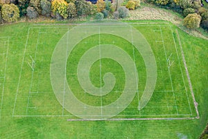 Aerial view of a fully marked Rugby Union pitch surrounded by trees in Autumn colours Ebbw Vale, Wales