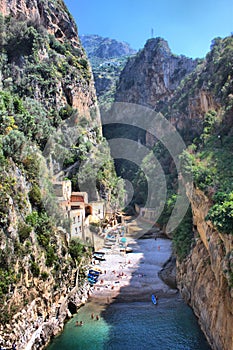 Aerial view of Furore fiord in Amalfi Coast