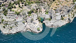 Aerial view of Furore Fjord from a drone, Amalfi Coast, Italy