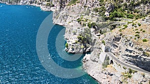 Aerial view of Furore Fjord from a drone, Amalfi Coast, Italy