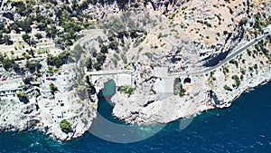 Aerial view of Furore Fjord from a drone, Amalfi Coast, Italy