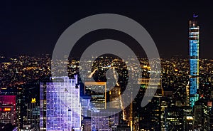 Panoramic of Futuristic Buildings and Towers in Manhattan, New York City, USA. Illuminated Skyscrapers at the Big Apple.