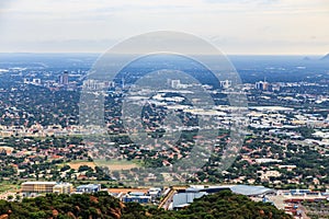 Aerial view of Gaborone city downtown spread out over the savannah, Gaborone, Botswana, Africa, 2017