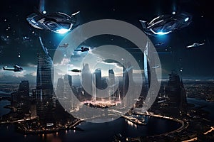 aerial view of galactic cityscape, with hovercars and spacecraft buzzing past photo