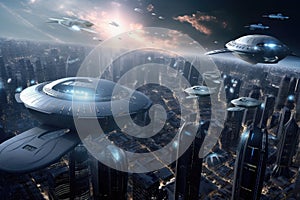 aerial view of galactic cityscape, with hovercars and spacecraft buzzing past photo