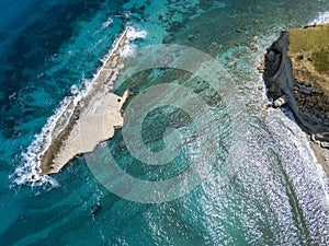 Aerial view of Galera Rock, Sant`Irene Bay in Briatico, Calabria, Italy
