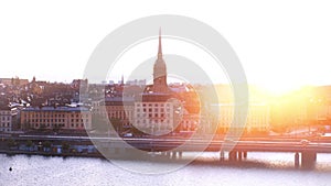 Aerial view of Gamla Stan in Stockholm, Sweden with landmarks during the sunrise