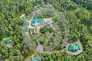 Aerial view of Ganina Yama Ganyas Pit - Complex of wooden Orthodox churches at the burial place of last Russian tsar near