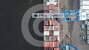 Aerial view of gantry crane loading and unloading ship