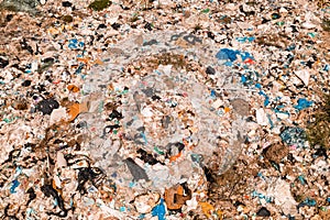 Aerial view of garbage dump landfill from drone pov
