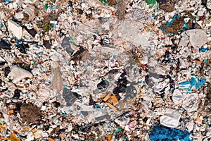 Aerial view of garbage dump landfill from drone pov