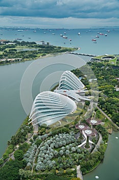 Aerial view of Gardens by the Bay conservatories.