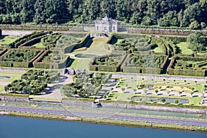 Aerial view gardens chateau Freyr along river meuse near Dinant in Belgium