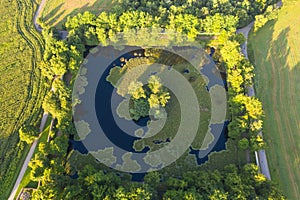 Aerial view Gardens of czech historical town Cesky Krumlov.  UNESCO World Heritage Site in beautiful golden morning light