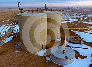 Aerial view of gas storage tanks