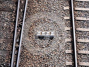 Aerial view of a gauge picket fixed railway signaling indicator to indicate the point up to which circulation on both tracks is c