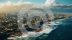 An aerial view of the gaza city of surrounded by the sea and seen from the air