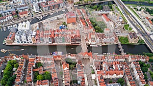 Aerial view of Gdansk. Landscape of Gdansk old city with the Mot awa River
