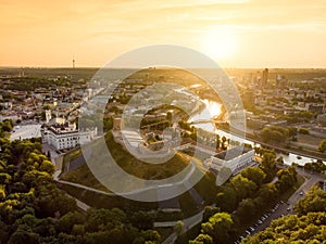 Aerial view of Gediminas` Tower, the remaining part of the Upper Castle in Vilnius, Lithuania.