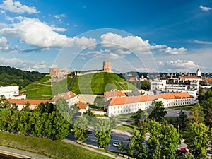 Aerial view of Gediminas` Tower, the remaining part of the Upper Castle in Vilnius. Sunrise landscape of UNESCO-inscribed Old Town