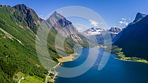 Aerial view on Geiranger fjord in More og Romsdal county in Norway famous for his beautiful boattrip through the fjord