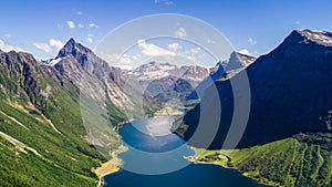 Aerial view on Geiranger fjord in More og Romsdal county in Norway famous for his beautiful boattrip through the fjord