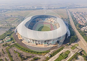 Aerial view of Gelora Bandung Lautan Api (GBLA) Stadium, the biggest football stadium in West Java, Indonesia,