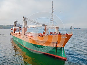 Aerial view of general cargo ship in open sea, Aerial image